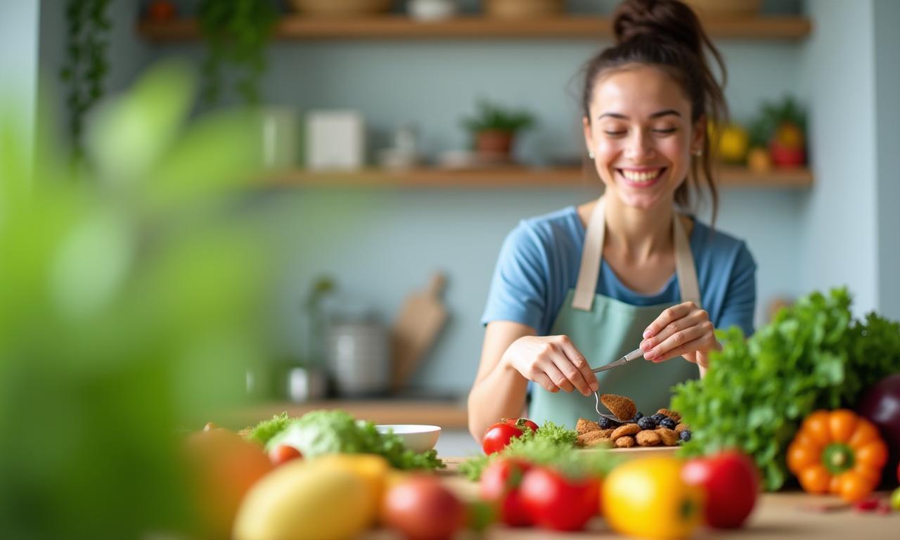 Wellness-themed vibrant hero image showing fresh nutritious foods, fruits, and a smiling person preparing a healthy meal, symbolizing nutrition and wellness guidance