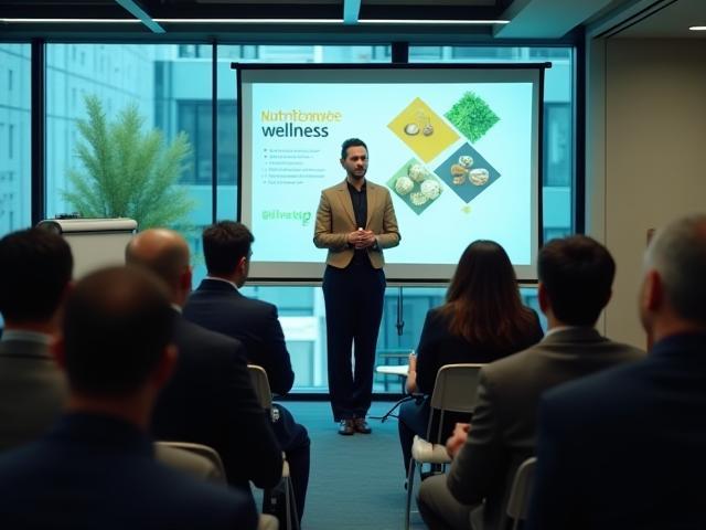 Corporate wellness seminar with nutrition expert speaking